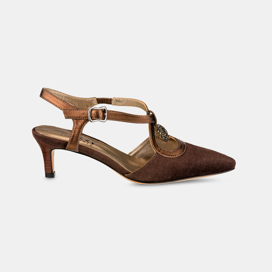 Scarpin Tiras Bico Fino Veludo Café