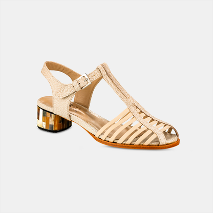 Sandália Tiras Salto Médio Marchetaria