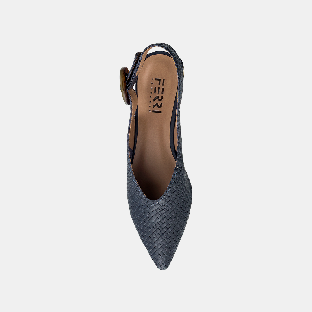Sling Back Salto Baixo Tressê Azul Marinho