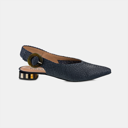 Sling Back Salto Baixo Tressê Azul Marinho