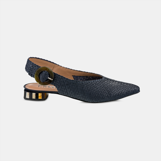 Sling Back Salto Baixo Tressê Azul Marinho