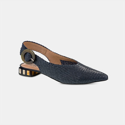 Sling Back Salto Baixo Tressê Azul Marinho
